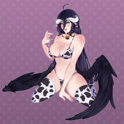 1girls albedo_(overlord) animal_tail armwear big_breasts bikini bikini_bottom bikini_top bottomwear breasts cleavage cow_print cow_print_bikini cow_print_legwear cow_print_thighhighs cow_tail cowbell daej-roo female female_only hair hips horns huge long_hair neckwear overlord_(maruyama) revealing_clothes solo solo_female stockings swimwear tail thick_thighs thighhighs thighs topwear yellow_eyes