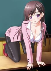 all_fours blush breasts brown_hair chalkboard classroom cleavage desk erect_nipples high_heels jacket kirisaki_rie lingerie long_hair no_bra no_skirt official_art open_mouth panties pantyhose poro purple_eyes purple_panties reunion seductive shirt smile teacher underwear