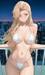ai_generated blonde_hair blue_eyes city cleavage crescent dagger_(marvel) dagger_(marvel_rivals) embarrassed g-string leaning_back looking_away marvel rooftop shy sideboob tandy_bowen thong underboob white_bikini white_thong