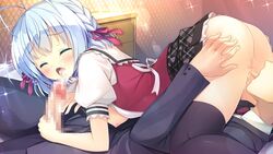 1boy ass_grab blue_hair blush braids breasts censored closed_eyes cunnilingus fellatio female game_cg hair koba_kazuomi koi_saku_miyako_ni_ai_no_yakusoku_wo_~annaffiare~ natsume_eri nipples oral penis ribbons seifuku short_hair skirt thighhighs winifred_d_land