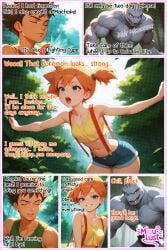 ai_generated bangs bare_shoulders blush breasts cleavage closed_mouth collarbone crop_top denim denim_shorts eyelashes female heart heart-shaped_pupils kasumi_(pokemon) looking_up medium_breasts misty_(pokemon) misty_(pokemon_hgss) navel orange_hair patreon_logo patreon_username pokemon pokemon_(creature) shorts side_ponytail sitting solo spread_legs suspenders symbol-shaped_pupils tagme tank_top watermark