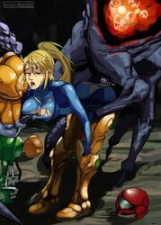 alien armor ass beauty_mark bent_over big_breasts blonde_hair blue_eyes bodysuit breasts cleavage clothing cum cum_in_mouth cum_on_face erect_nipples erection female group hair human ing_(metroid) long_hair male metroid nintendo nipples open_mouth orgasm penetration penis polyle power_suit rape ripped_clothes ripped_clothing samus_aran sex threesome torn_clothes torn_clothing varia_suit zero_suit zero_suit_samus