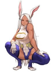 1girls :/ animal_ears bare_shoulders boku_no_hero_academia breasts closed_mouth commentary_request covered_abs covered_collarbone covered_navel crescent_print dark-skinned_female dark_skin female female_only full_body fur_collar gloves hand_on_own_thigh highleg highleg_leotard highres large_breasts leotard long_eyelashes long_hair looking_at_viewer mirko miruko modi_ibom my_hero_academia parted_bangs purple_thighhighs rabbit_ears rabbit_girl raised_eyebrows red_eyes rumi_usagiyama simple_background solo spread_legs squatting taut_leotard thick_thighs thighhighs thighs toned toned_female twitter_username very_long_hair white_background white_gloves white_hair white_leotard