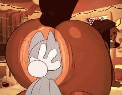 ambiguous_gender anal animated ass bent_over big_butt brown_body brown_fur canid canine canine_ears disembodied_hand duo freckles fur grey_body hand_on_head hi_res iamapoliceman looking_back male mammal oral rimjob rimming sex tail thick_thighs wide_hips