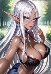 abs ai_generated bangs black_bra black_topwear bra dark_elf elf elf_ears elf_female eyelashes eyeshadow fake_breasts freckles hime_cut honjou_raita_(style) long_hair long_nails makeup mastarblastar medium_breasts miniskirt navel original original_character pose posing posing_for_the_viewer puckered_lips round_ass round_breasts selfie skirt slim_waist smile smiling smiling_at_viewer smug smug_face stomach tagme tan_body white_hair yellow_eyes