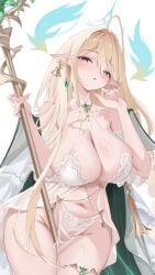 1girls absurdres ahoge areola_slip azur_lane bare_shoulders between_breasts between_thighs blonde_hair blush bra breasts cape cleavage collarbone curvy earrings elf female female_only gem gold_thighlet gouden_leeuw_(azur_lane) green_gemstone groin hair_between_eyes halterneck hands_up highres holding holding_staff jewelry kingdom_of_tulipa_(azur_lane) large_breasts light-skinned_female light_skin long_hair looking_at_viewer mole mole_under_eye nail_polish navel no_panties open_mouth pelvic_curtain pink_nails pointy_ears pubic_tattoo purple_eyes qingmangzi revealing_clothes see-through_clothes see-through_pelvic_curtain sideboob sidelocks simple_background single_earring skindentation solo staff standing stomach tattoo thick_thighs thighlet thighs two-sided_cape two-sided_fabric underwear veins veiny_breasts very_long_hair voluptuous white_background white_bra white_cape wide_hips