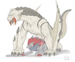 2012 barioth canine closed_eyes cum fox monster_hunter nintendo open_mouth plain_background pokemon pokemon_(species) pseudowyvern sex tears tzarvolver video_games white_background wings zoroark