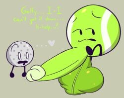 1boy 1boy1girl 1girls animate_inanimate asking_for_sex assertive_kiwami balls ballsack battle_for_dream_island bfdi circumcised drooling female genitals gigantic_penis golf_ball_(bfdi) green_penis heart huge_balls huge_cock huge_cock hung hung_male hyper hyper_penis imminent_oral male male/female no_humans non-human non-human_only object_sex object_shows penis shocked stick_legs tennis_ball_(bfdi) testicles