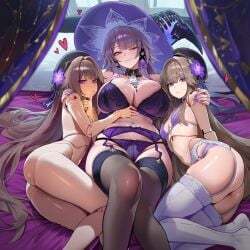 3girls absurd_res age_difference ai_generated aroused doll_girl doll_joints garter_belt herta_(honkai:_star_rail) honkai:_star_rail honkai_(series) huge_breasts lace lace-trimmed_bra lace_trim lingerie liu_(artist) looking_at_viewer mature_female nipples on_back on_bed on_side petite petite_body petite_female size_difference small_breasts smug take_your_pick the_herta_(honkai:_star_rail) thick_thighs voluptuous voluptuous_female wide_hips winking_at_viewer witch witch_hat