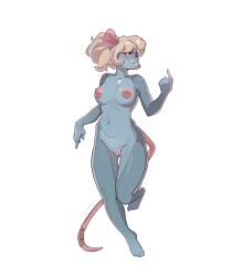 2023 absurd_res anthro big_nipples blonde_hair breasts buckteeth chest_tuft dt_ralf female female_anthro front_view fur genitals grey_body grey_fur hair hi_res mammal murid murine nipples nixmoonl nude nude_anthro nude_female rat rodent simple_background solo teeth thigh_gap tuft vulva white_background