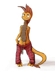 absurd_res balls clothed clothing flaccid genitals hi_res male mindkog nintendo pants_down partially_clothed penis pokémon_(species) pokemon scrafty simple_background solo topless video_games white_background