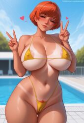 ai_generated big_breasts bikini breasts camel_toe green_eyes huge_boobs penny_(stardew_valley) sexy stardew_valley swimwear tan_lines thekaneee