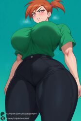1female 1girls 2025 ai_generated artist_name big_ass big_breasts black_pants blush breasts brown_hair curvy female from_below green_shirt hi_res high_quality high_resolution highres huge_ass huge_breasts large_breasts looking_at_viewer looking_down orange_hair pants parted_lips patreon patreon_username pink_eyes red_hair shirt shirt_tucked_in short_sleeves side_ponytail simple_background solo sweat the_fairly_oddparents thick_thighs thighs unjobdespiert vicky_(fairly_odd_parents) viewed_from_below watermark