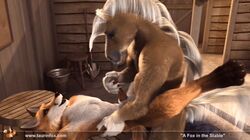 2boys 3d anal anal_sex animated anthro balls barn canine equine erection fox furry furry_only gay hair handjob horse interspecies loop lying male male_only missionary_position muscles nude on_back penetration penis sex spread_legs spreading taurin_fox yaoi