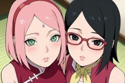 2girls ai_generated alternate_costume boruto:_naruto_next_generations clothed female female_only mother_and_daughter naruto naruto_(series) sakura_haruno sarada_uchiha teenage_girl teenager