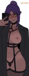 1girls 2d areolae big_breasts bleach breasts coat dark-skinned_female dark_skin female female_only midriff one_breast_out phone selfie shihouin_yoruichi solo stopu straps tagme tan_lines tanline tanlines thick_thighs thighhighs yellow_eyes