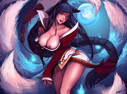 ahri animal_ears areolae black_hair braid breasts cleavage dress facial_mark female fur furry_tail humanoid league_of_legends legs long_hair multi_tail multiple_tails nipple_slip nipples panties ragora single_braid solo tail very_long_hair yellow_eyes