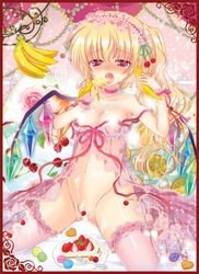 banana blonde_hair blush border breasts censored cherry choker convenient_censoring cream female flandre_scarlet flower food fork fruit hair_ornament headband jewelry lace lace-trimmed_thighhighs necklace open_mouth orange pekopokox purple_eyes ribbon see-through sexually_suggestive side_ponytail slice_of_cake solo strawberry thighhighs touhou wings wrist_cuffs