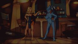 animated blue_skin demon_wings desdemona_(gargoyles) disney gargoyles green_eyes kumbhker lowres nipples ophelia_(gargoyles) pussy tail uncensored undressing