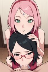 1boy 2girls adult_and_teenager age_difference ai_generated alternate_costume blowjob boruto:_naruto_next_generations censored clothed clothed_sex fellatio female female_focus male male/female mother_and_daughter naruto naruto_(series) oral oral_sex sakura_haruno sarada_uchiha straight teenage_girl teenager unseen_male_face