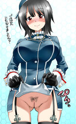 black_gloves black_hair black_legwear blush female garter_straps gloves highres kantai_collection military military_uniform no_panties no_underwear okome1034 personification pubic_hair pussy red_eyes shirt_lift short_hair smile takao_(kantai_collection) thighhighs translated uncensored uniform