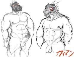 abs anthro balls biceps dorohedoro furry gas_mask human hybrid kaiman lizard male male_only mask monkeysuit multiple_males muscles pecs penis retracted_foreskin scalie uncut yaoi