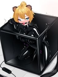 absurdres animal_ears ball_gag blonde_hair blue_eyes blush bodysuit bondage female gag highres latex latex_bodysuit looking_at_viewer maguro27 original ponytail saliva sex_toy short_hair skin_tight solo trembling vacuum_cube variant_set vibrator