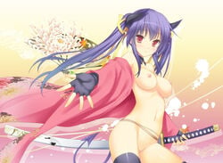 47agdragon blue_hair blush breasts cape female horns nipples nude original pussy solo tagme tail uncensored weapon