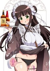 apron black_panties blush breasts brown_hair brown_kimono censored clothes_lift egg_vibrator female floral_print gochuumon_wa_usagi_desu_ka? green_eyes hemonemo holding holding_tray japanese_clothes kimono kimono_lift large_breasts lifting_own_clothes long_hair long_sleeves looking_at_viewer maid_headdress mosaic_censoring object_insertion panties sex_toy smile solo thigh_strap tongue tongue_out tray ujimatsu_chiya underwear vaginal_object_insertion vaginal_penetration vibrator vibrator_under_clothes vibrator_under_panties white_apron wide_sleeves x-ray