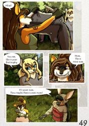 absurd_res anthro big_breasts black_hair blonde_hair blue_eyes breasts brown_body brown_eyes brown_eyes brown_fur brown_hair canid canine canis comic domestic_dog english_text fantasy female fox fur german_spitz grace_o'malley hair hi_res lagomorph large_spitz leporid long_hair madlaine_mckraven mammal markings medieval megan_bryar rabbit red_eyes spitz spots spotted_body spotted_fur text the_quest_for_quests tqfq white_body white_fur yellow_body yellow_fur zaiksmckraven