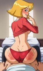ai_generated ass bigmic145 blonde_hair breasts clover_(totally_spies) cowgirl_position cropped female fingering grinding, long_sleeves medium_breasts panties sexually_suggestive slap slap_mark solo_female stockings tease teasing thighhighs topwear totally_spies underboob