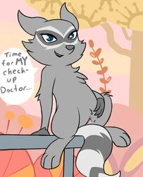 cartoon_hangover coco_(doctor_lollipop) doctor_lollipop female feral green_eyes grey_fur raccoon smile spreading text unknown_artist