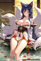 1girls 2025 ahri ai_generated animal_ears bare_shoulders black_hair blush breasts closed_mouth dress erect_nipples eroflow facial_mark fox_ears fox_girl fox_tail hard_nipples hi_res highres kitsune korean_clothes large_breasts league_of_legends league_of_legends:_wild_rift long_hair long_sleeves looking_at_viewer multiple_tails nipples onsen patreon riot_games sitting soaking_feet solo tail very_long_hair voluptuous voluptuous_female water whisker_markings yellow_eyes