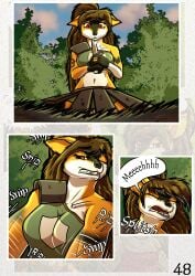 absurd_res anthro brown_hair canid canine canis comic domestic_dog fantasy female fur german_spitz hair hi_res large_spitz long_hair madlaine_mckraven mammal medieval red_eyes spitz the_quest_for_quests tqfq white_body white_fur yellow_body yellow_fur zaiksmckraven