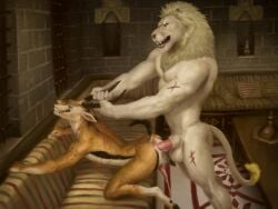4:3 anal anal_sex antelope anthro athletic athletic_anthro athletic_male bareback bared_teeth big_penis blood bodily_fluids bovid carpet claw_marks clenched_teeth closed_eyes cum cum_in_ass cum_inside cum_on_ground cum_while_penetrated dominant dominant_anthro dominant_male duo ejaculation felid from_behind_position fur furniture gazelle genital_fluids genitals gore hanging_penis hi_res horn horn_grab inside kneeling lion male male/male mammal muscular muscular_anthro muscular_male nude_anthro nude_male open_mouth orcfun painting_(artwork) pantherine penetration penile penile_penetration penis pillow predator/prey predator_dom_prey_sub predator_penetrating_prey questionable_consent rough_sex sex size_difference sofa sofa_sex submissive submissive_anthro submissive_male table tail teeth teeth_showing tight_fit tile tile_wall wall_(structure) white_body white_fur window wound_on_back