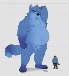 2024 4_toes anthro armpit_hair balls belly blue_body blue_fur body_hair bottomwear brown_body brown_fur canid canine canis chest_tuft chubby_face claws clothed clothing dan_(spyz) duo ear_tuft ethan_(spyz) extreme_size_difference eyebrows feet fluffy fur genitals happy happy_trail hi_res hoodie humanoid_genitalia hyena macro male mammal moobs navel neck_tuft nipples overweight pants paws penis pointy_ears raised_arm serious size_difference slightly_chubby spotted_hyena spyz_(artist) standing sweatpants tail toe_claws toes topwear tuft watermark wolf