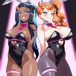 2girls alternative_costume animal_ears aqua_eyes aqua_hair arms_behind_back bangs bare_shoulders black_hair black_legwear black_leotard blue_eyes blue_eyeshadow blue_hair blush bow bowtie breasts bunny_girl bunny_tail bunnysuit cleavage clothing clothing_cutout covered_navel dark-skinned_female dark_skin detached_collar earrings eyeshadow fake_animal_ears female green_eyes grin hair_ornament heart heart_cutout heart_hair_ornament highleg highleg_leotard hoop_earrings jewelry large_breasts legwear leotard long_hair looking_at_viewer medium_breasts multicolored_hair multiple_girls navel neckwear nessa_(pokemon) orange_hair pantyhose pink_bow pink_bowtie playboy_bunny pokemon pokemon_(game) pokemon_professor pokemon_sword_&_shield ponytail rabbit_ears rabbit_hole_(vocaloid) shaddai side_ponytail single_hair_bun skindentation smile sonia_(pokemon) standing strapless strapless_leotard thick_thighs thigh_strap thighs two-tone_hair wrist_cuffs