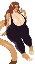 1girls absurd_res anthro big_breasts brown_hair cleavage closed_eyes commission cougar earrings fanning_self felid feline female female_only hot huge_breasts large_breasts long_hair mammal sideboob solo sotcho tail thick_thighs tiff_(ara_chibi) white_background