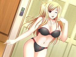 black_bra black_panties blonde_hair blonde_hair_female bra breasts brown_eyes dutch_angle game_cg hayakawa_chika large_breasts light-skinned_female light_brown_eyes long_blonde_hair long_hair long_hair_female looking_at_viewer one_arm_up open_mouth oppai_life panties pointy_chin questionable three-quarter_portrait underwear winking winking_at_viewer wood_door