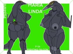1girls aeromorph aircraft animate_inanimate anthrofied big_breasts breasts chubby f-16 female green_background hands_on_ass hands_on_breasts living_aircraft living_machine protoskip reference_sheet simple_background solo thick_thighs wide_hips
