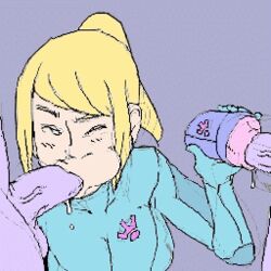 animated artificial_vagina blonde_hair cheek_bulge colored fellatio female handjob human lowres male metroid nintendo noill oral samus_aran space_pirate straight zero_suit zero_suit_samus