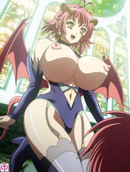 1boy 1girls areolae big_breasts boots breasts breasts_out church demon_girl demon_tail demon_wings erect_nipples exposed_breasts female golden_eyes hair hips horns huge_breasts kyonyuu_fantasy navel nipples no_bra open_mouth oppai pink_hair screencap shamsiel shamsiel_shahar succubus thighhighs thighs uncensored underboob wide_hips wings yellow_eyes