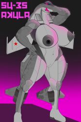 1girls aeromorph aircraft animate_inanimate anthrofied big_breasts breasts female gradient_background hand_on_hip living_aircraft living_machine protoskip purple_background solo su-57 thick_thighs