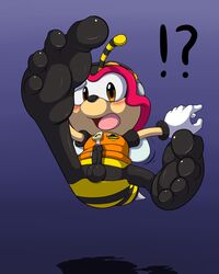 !? 1boy 4_toes 5_fingers antennae anthro arthropod balls barefoot bee beige_skin black_nose black_penis black_skin blush charmy_bee clothes clothing cute erect erect_penis erection feet flying foot_focus fur gloves goggles half-dressed headwear helmet hi_res high_resolution insect jacket looking_at_viewer male male_only open_mouth orange_eyes penis pink_penis pink_skin plain_background presenting presenting_hindquarters purple_background raised_arm raised_leg sega shadow shiny small_penis soles solo sonic_(series) spread_legs spreading stinger stripes testicles tiny_penis toes tongue tweaker uncut vest white_eyes wings yellow_fur young zipper