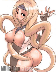 ass blonde_hair breasts guilty_gear liquidxlead long_hair looking_back millia_rage no_panties