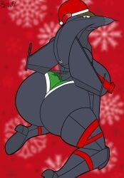 1girls aeromorph aircraft animate_inanimate anthrofied big_breasts breasts female gift_wrapped living_aircraft living_machine looking_back on_knees protoskip red_background simple_background solo wrapped