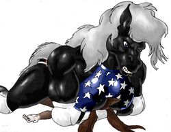 american_flag american_flag_bikini anthro breast_smother canine color duo elbowpads equine female fight fox fur furry hair knee_pads long_hair muscles pinning plain_background realistic smothering snarling tied_hair tundefilii twintails white_background wrestling