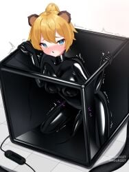 absurdres animal_ears blonde_hair blue_eyes blush bodysuit bondage chestnut_mouth female highres latex latex_bodysuit looking_at_viewer maguro27 original ponytail sex_toy short_hair skin_tight solo trembling vacuum_cube variant_set vibrator