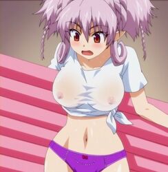 2012 anime_screencap brandish breast brown_eyes demon_girl mary_jane_(company) nipple ova panties pointy_ears purple_hair screencap screenshot succubus t-shirt tied_hair twintails twiska wet