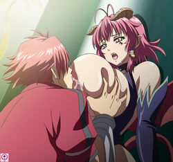 1boy big_breasts breast breast_squeeze breastfeeding breasts collar curved_horns demon_ears demon_horns demon_tail demon_wings fangs female gasp ghost_nipples golden_eyes hair horns huge_breasts kyonyuu_fantasy lactation male milk pink_hair pointy_ears red_hair ridged_horns screencap shamsiel shamsiel_shahar short_ears soft_breasts succubus sucking yellow_eyes